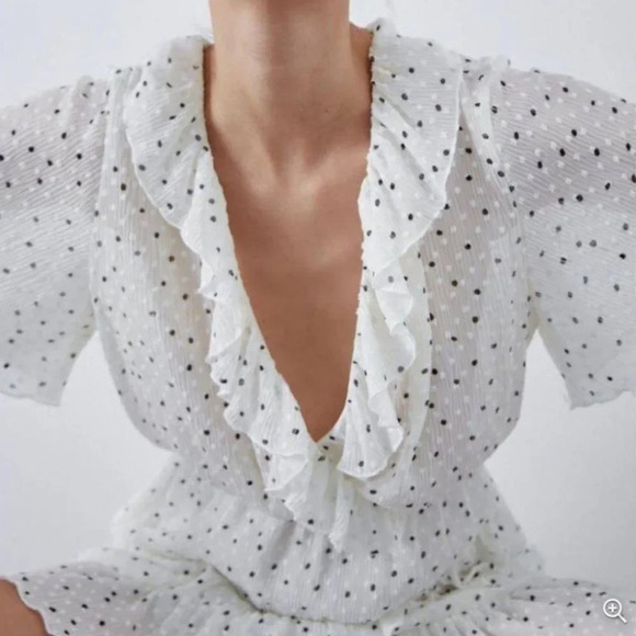 Zara  Ruffle Mesh Polka Dot Playsuit Romper Dress White Black Size Small - Picture 2 of 6